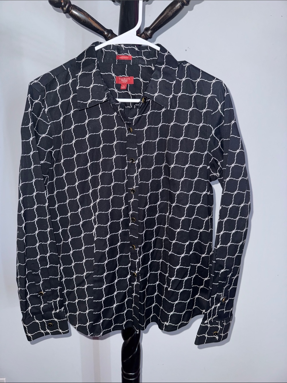 Talbots Black Button-Down Shirt with White Chain-Link Print 31